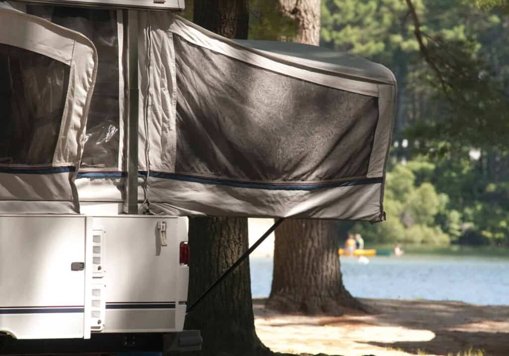 pop up camper near a lake
