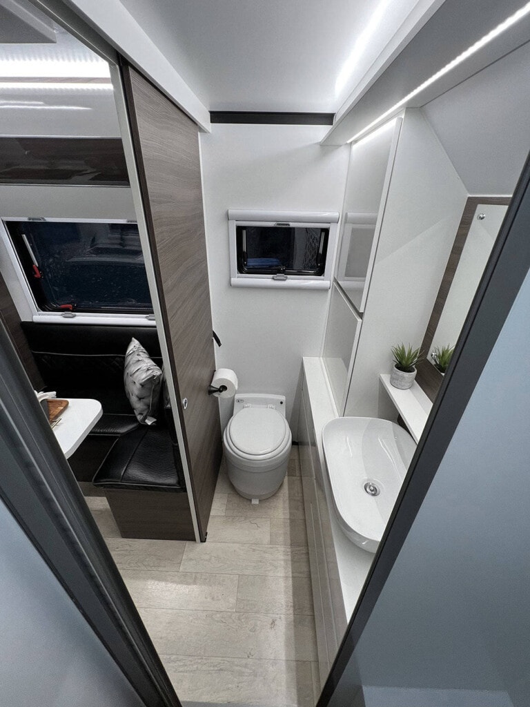 Waterless Dry Flush toilet inside overlanding trailer