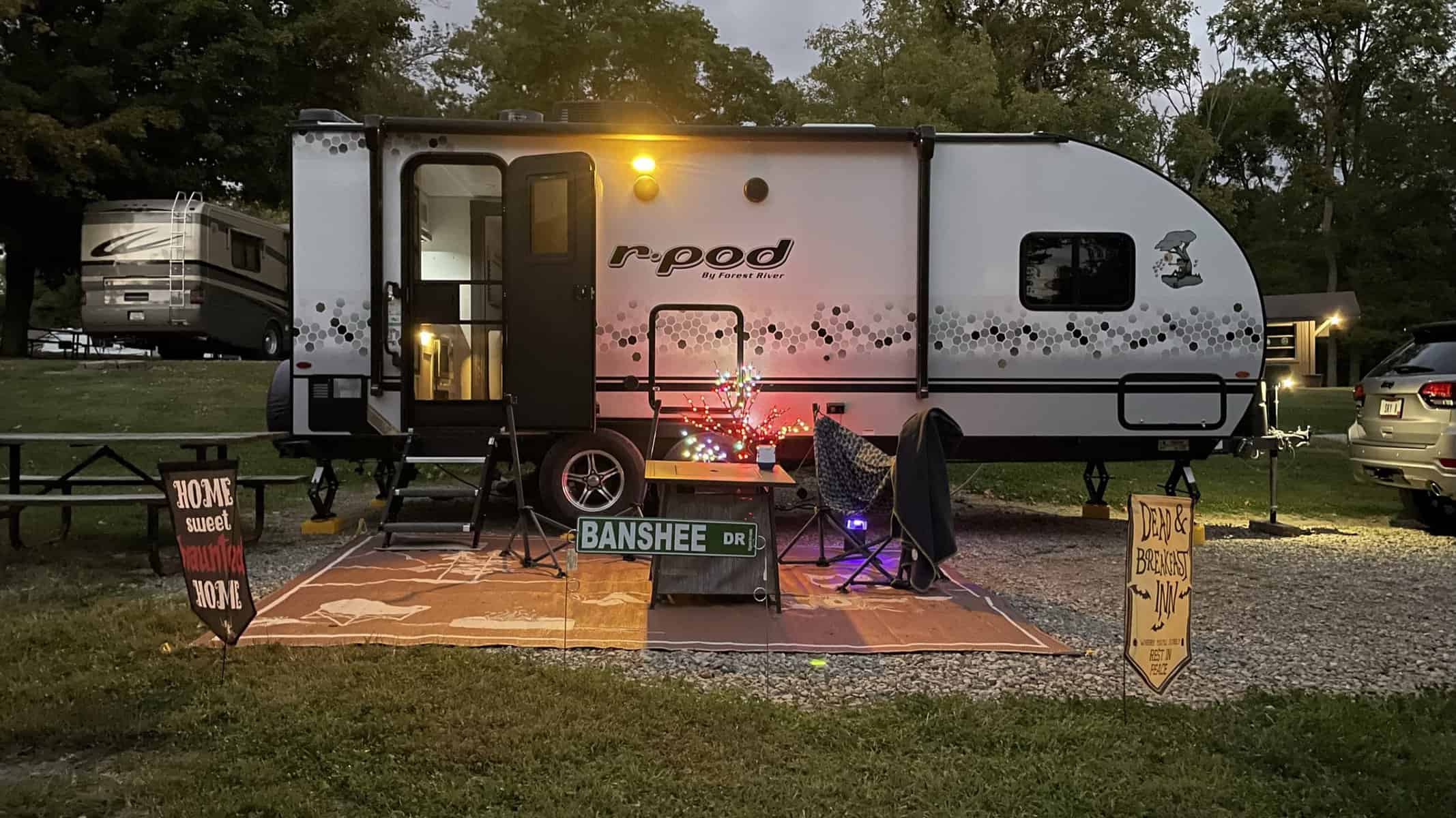 r-pod RP-202 fall Halloween campsite patio in Wilmington, NC (Image with permission: Sky Arvin)