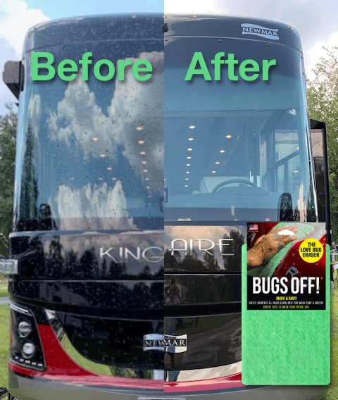 before and after image of RV using bugs off pads to remove bugs from the front.