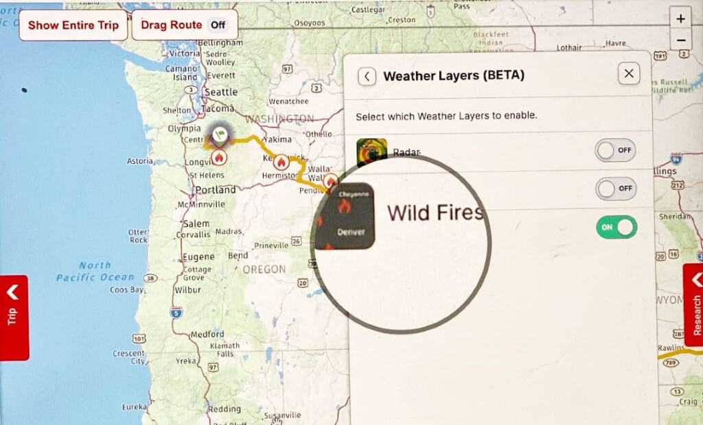 Use RV LIFE Trip Wizard wild fires filter feature